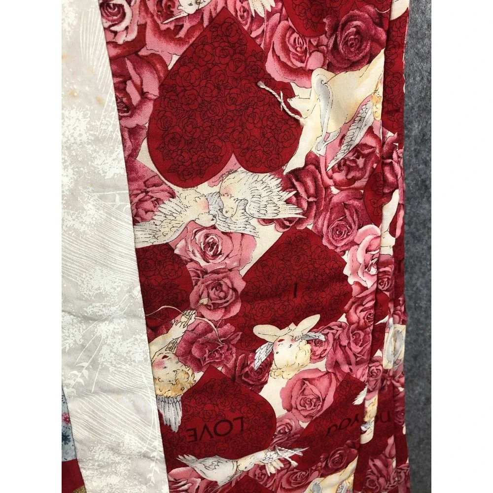Handmade Quilt 52x62 Red Love Cupid Wedding Hearts Patchwork Coverlet